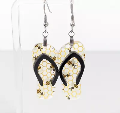 Black Yellow Bumble Bee Honeycomb Acrylic Flip Flop Dangle Earrings Beachy • $6.99