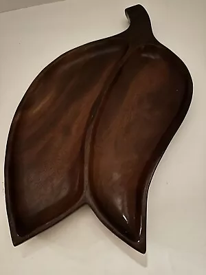Vintage Midcentury Mahogany Wood Serving Tray MCM Serving Leaf Shape Platter • $32.99