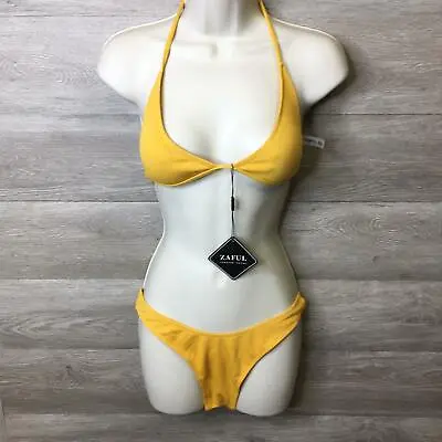 Zaful Womens Size 6 Bright Yellow Ribbed High Leg Bikini Set NWT • $9.79
