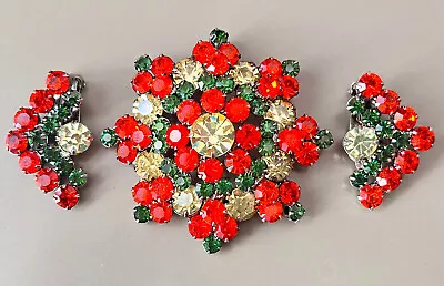 Vintage Verified JULIANA Brooch & Earring Set Orange Emerald Green & Jonquil • $69