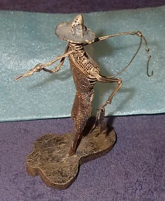 Vintage Wire Metal Figurine Folk Art Fisherman Fish Sculpture • $34.99