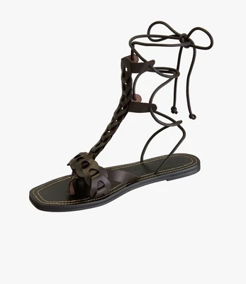 $20 • Buy ZARA Womens Size 6 Brown Leather Braided Bead Wrap Gladiator Flat Sandal.