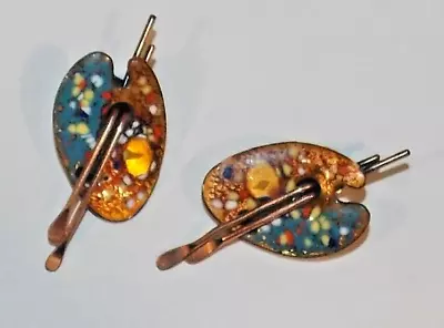Vintage Matisse Enamel Artist Palette Copper Clip Earrings Estate Jewelry • $9.99