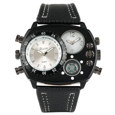 Top OULM Watch Men Quartz Wristwatch Leather Band Military Sports Dual Time Zone • $15.48