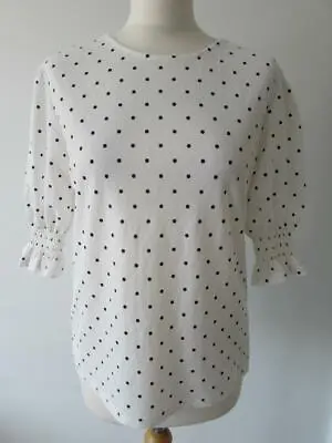 £9.99 • Buy WAREHOUSE White Navy Spotty Polka Dot Top T Shirt Smocked Cuff Size 12
