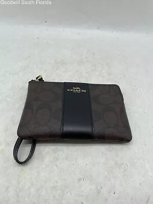 Coach Womens Dark Brown Black Leather Signature Print Zipper Wristlet Wallet • $17.49