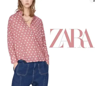 $19.99 • Buy Zara Embroidered Polka Dot Button Down Shirt Top Size XS Oversized Dusty Rose