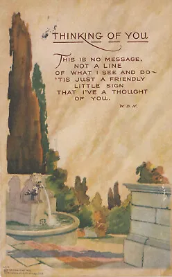 P F Volland~1912~arts & Crafts~thinking Of You~poem Postcard #454~foutain~posted • $4.99