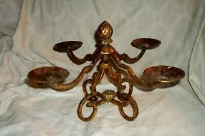 Italian Tole Gilt Iron Candelabra Acorn Ball Pillar Candles Modern Vintage • $85.06