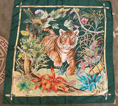 Gucci Vintage Silk Tiger Square Scarf Green Bamboo 1970s • $285