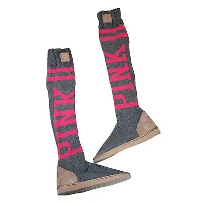 Victoria's Secret PINK Y2K Gray Pink Spell Out Knee High Sweater Book Mukluk L • $79.99