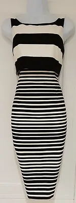 £42.49 • Buy Womens Coast Black White Mono Stripe Low Scoop Back Stretch Pencil Dress 10.