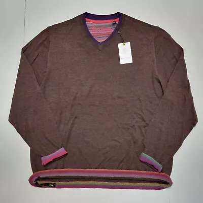 ROBERT GRAHAM PURSUIT Men's 2XL Brown 100% WOOL V-Neck Contrast Cuffs Sweater • $84.99