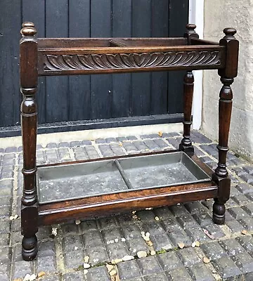 Antique Umbrella Stick Cane Stand Holder Carved Wood Detail + Tray Vintage • £119.95