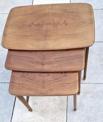 Mid Century Danish Solid Teak Quartered Figured Teak Veneer Tops Nesting Tables • £245