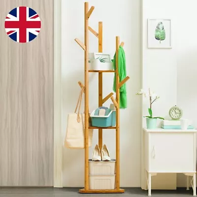 Wooden Coat Hat Hanger Stand 10 Hooks Floor Standing Clothes Bags Umbrella Rack • £21.99