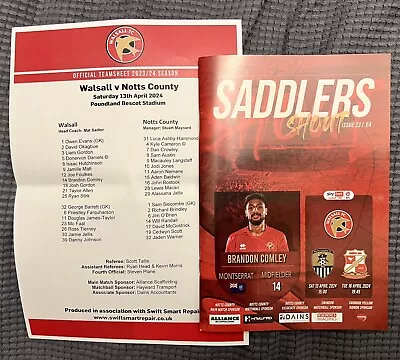 WALSALL V NOTTS COUNTY PROGRAMME & TEAM SHEET. 13th APRIL 2024 • £0.99