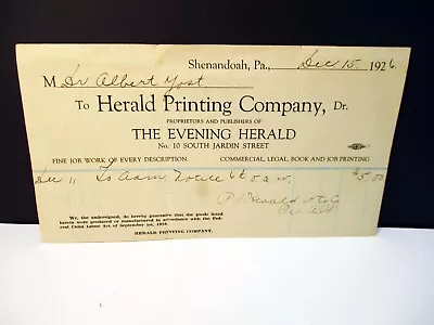 Herald Printing Company Shenandoah Pa 1926 Billhead Ephemera • $5.99
