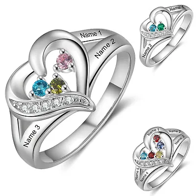 Personalize 2-4 Names Heart Ring Stackable Stone Birthday Gift Women Mother Wife • $13.99