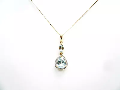 14K Gold Aquamarine Diamond Pendant & Chain • $26