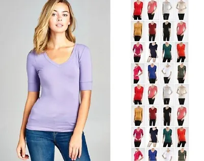 Women Basic V-NECK Elbow SHORT Sleeve T Shirt Top Cotton Stretch REG N PLUS S-3X • $5.99