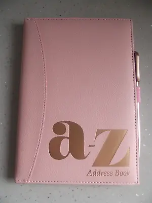 A5 Size Pink Padded Vinyl Effect  Desk A-Z Index Organiser Address Book + Pen • £6.49
