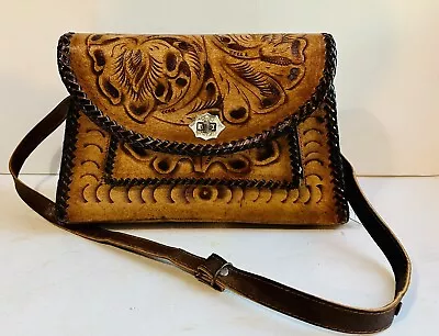 Vintage Hand Tooled Leather Purse Handbag  Mexican Embossed Floral Design Lacing • $29.95