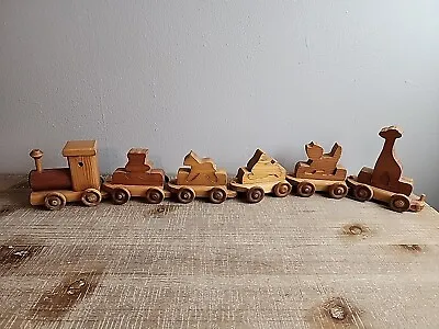 Vintage  Handmade Wooden Train 5 Cars 1 Engine With Animal Inserts • $20