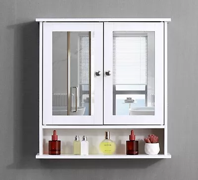 Bathroom Wall Cabinet Storage Cupboard With Mirror Wooden Shelves White • £29.95