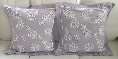 VINTAGE Pair Lavender Square Oxford Cushion Covers With White Tape Lace Flowers • £12.50