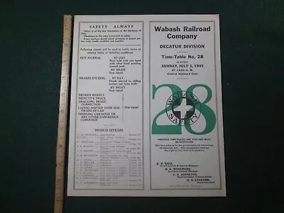 1945 Wabash Railroad - Decatur Division  ETT 28 Employee Timetable   82 • $15.99