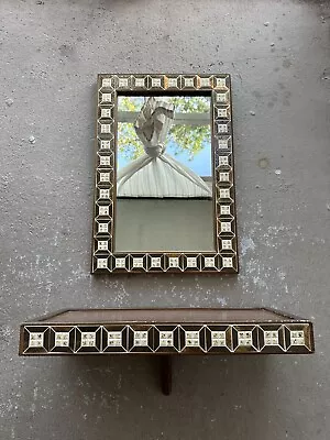 Vintage Mid Century Danish Modern Inlaid Tile Walnut Wall Mirror Shelf • $450
