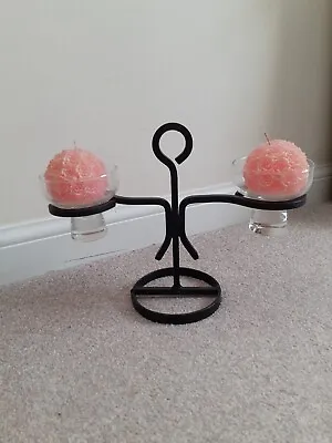 Wrought Iron Candle Holder With Pink Rose Ball Candles In Glass Holders • £6.99