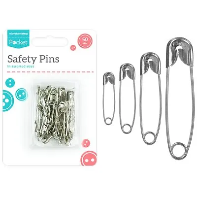 50 Pack Safety Pins Silver 4 Sizes Mini Small Medium Large Fabric Sewing Craft  • £1.99
