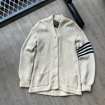 VINTAGE 60s | Varsity Wool Faded Patch Varsity Knit Cardigan Sweater Sz M Adult • $150