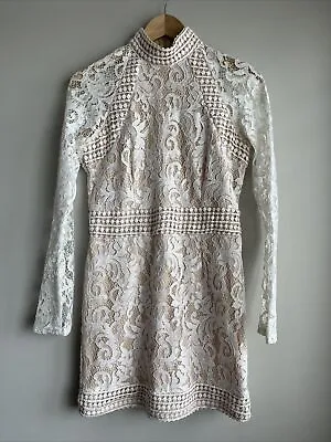 PRETTYLITTLETHING Nude White Lace Long Sleeve Dress UK 10 VGC • $8.69