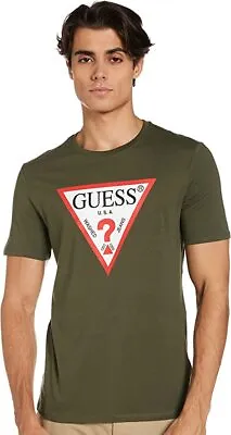 GUESS Men's T Shirt M1RI71 I3Z11  Front Logo Triangle Slim Fit Green White • £32.99
