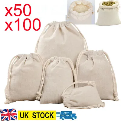 50/100pcs Canvas Bags Drawstring Storage Bag Bulk Linen Calico Tote Snack Gift • £13.29