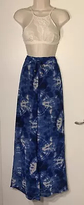 Women’s Vintage Retro Boho Blue Tie Dye Sheer Chiffon Palazzo Pants Size L • $24.99
