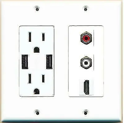 2 Port RCA Stereo HDMI F-F Wall Plate W-2 USB Charger Power Outlet • $25.64