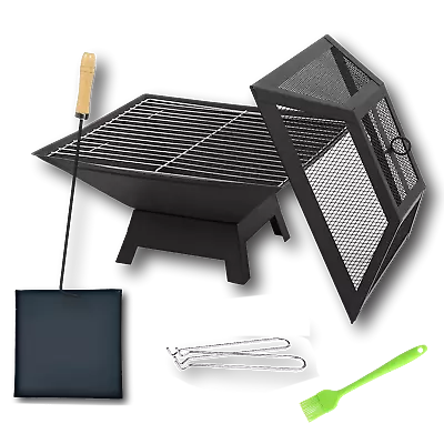 Square Outdoor Black Fire Pit Steel BBQ Patio Garden Camping Fire Pit Grill Mode • £17.99