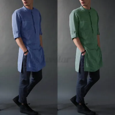 INCERUN Men's Kurta Muslim Shirt Long Sleeve Casual Kaftan Knee Lenght Tunic Top • £14.99