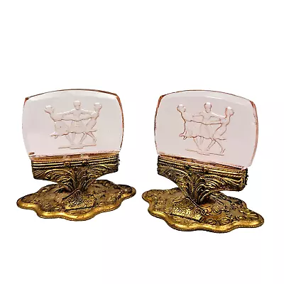 Set Of 2 Czech Intaglio Pink Cut Glass Place Card Holders Brass Vintage Handmade • $64.99