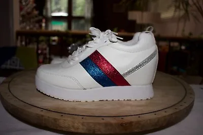 Very Volatile NEW White Leather Platform Sneakers 8.5 Red Blue Silver Stripes • $49.99