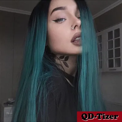 Silky Straight Long Synthetic Lace Front Wig Ombre Green Wig Black Women Fashion • $17.90