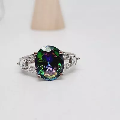 Vtg Simulated Prong Set Oval Mystic Topaz Split Shank Rhinestone Ring Size 7.5 • $20.66