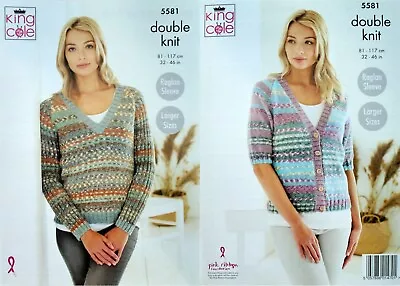 KNITTING PATTERN Ladies V-Neck Cardigan And Jumper Drifter DK King Cole 5581 • £4.49