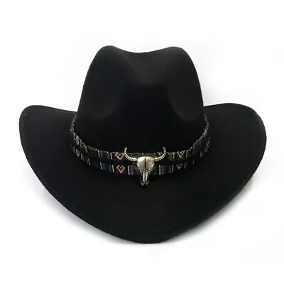 UK Men Women Wool Cowboy Hat Western Cap Panama Wide Brim Sombrero Sunhat Black • £10.99