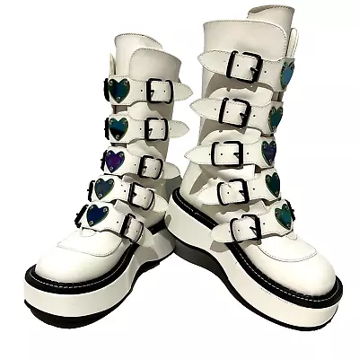 Demonia White Emily 330 Platform Boots Women's Size US 8 Calf High Vegan Leather • $120