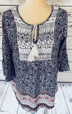 £13.10 • Buy Women's Small Peasant Blouse Cato 3/4 Flare Sleeves Lace Bust Tie Tassels EUC